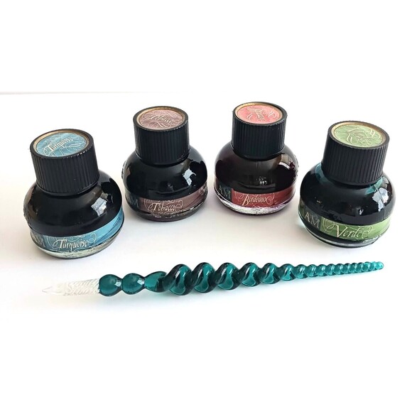 NEW Authentic Models Calligraphy Writing Ink Box Set Hand Blown Glass Pen 4 Inks - Picture 2 of 8